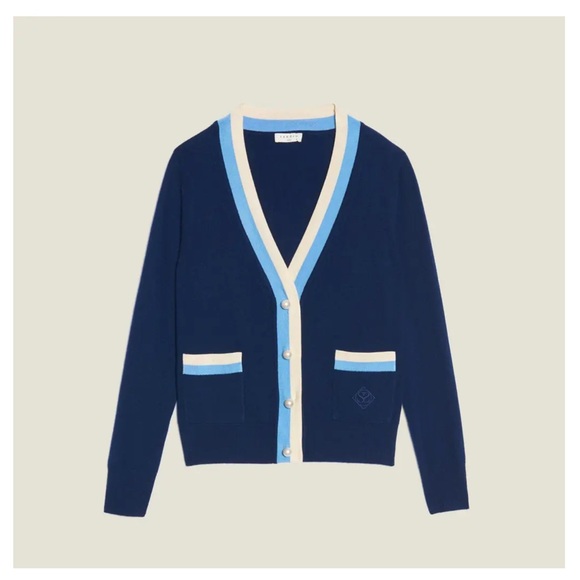 Sandro Paris Sweaters - Sandro Paris Designer Clotilidr Marine Wool Cashmere Colorblock Cardigan